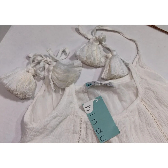 Bindu Boho Sundress Paloma Blue Tassel Tie Lined Tiered small white new - Picture 11 of 16